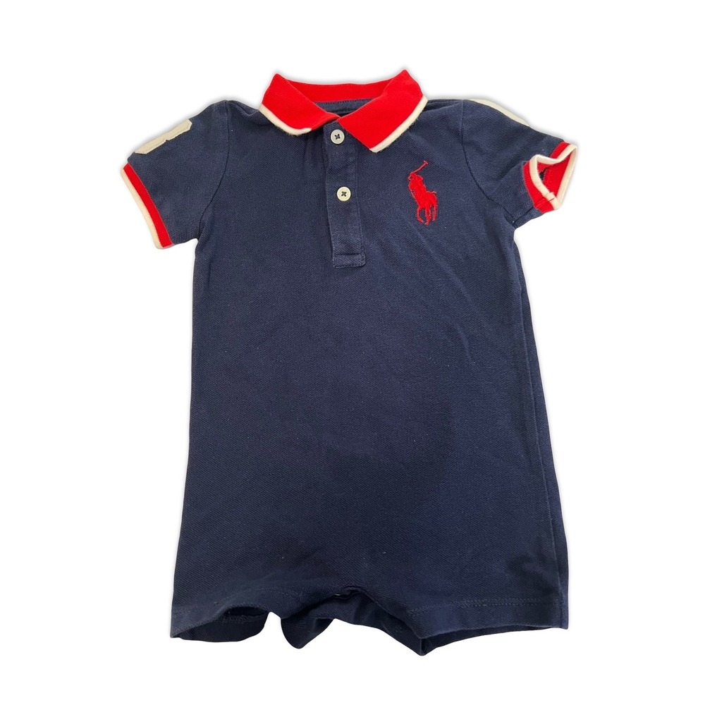 Ralph Lauren Baby Boy Navy Blue Polo Romper Red Pony 9M